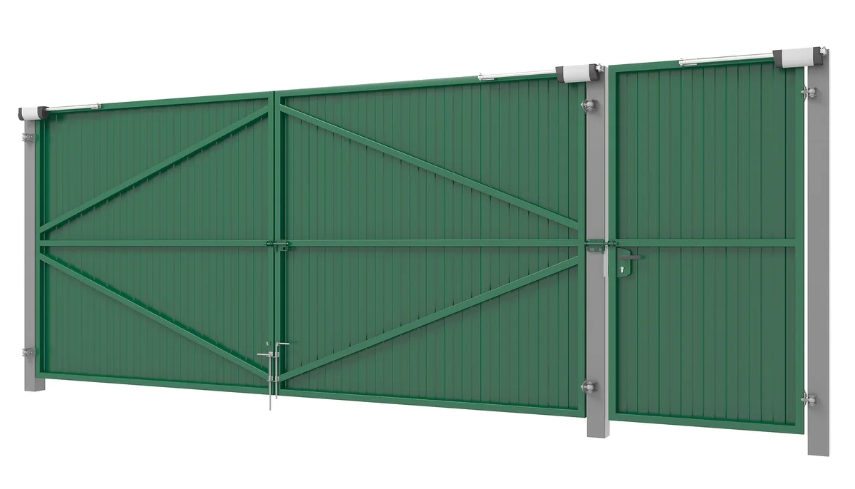 Распашные ворота и отдельная калитка для забора из профлиста